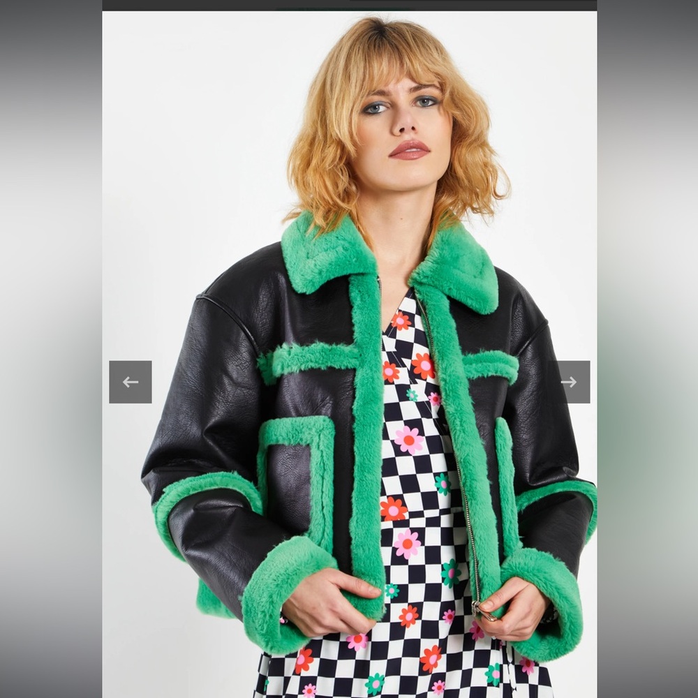 Glamorous Black Green Cropped Shearling Trim Vegan Leather Coat Size 6 - Picture 3 of 13